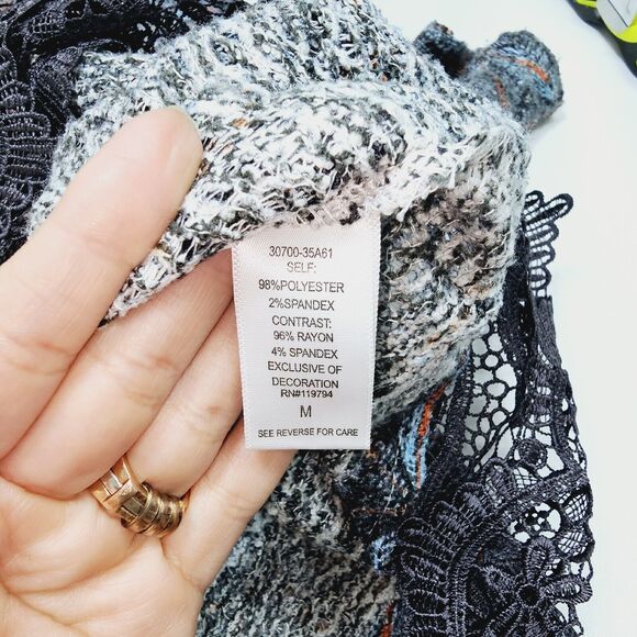 One World Womens Size M Grey Long Sleeve Lightweight Sweater With Lace Trim Fall - Picture 4 of 13